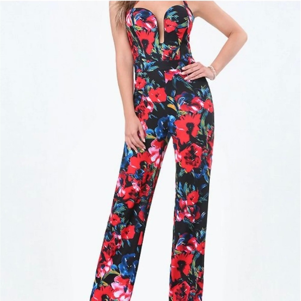 Bebe x Naven Floral Jumpsuit Deep V-Neck Wide‎ Leg Black Red Blue Poppy Size 0